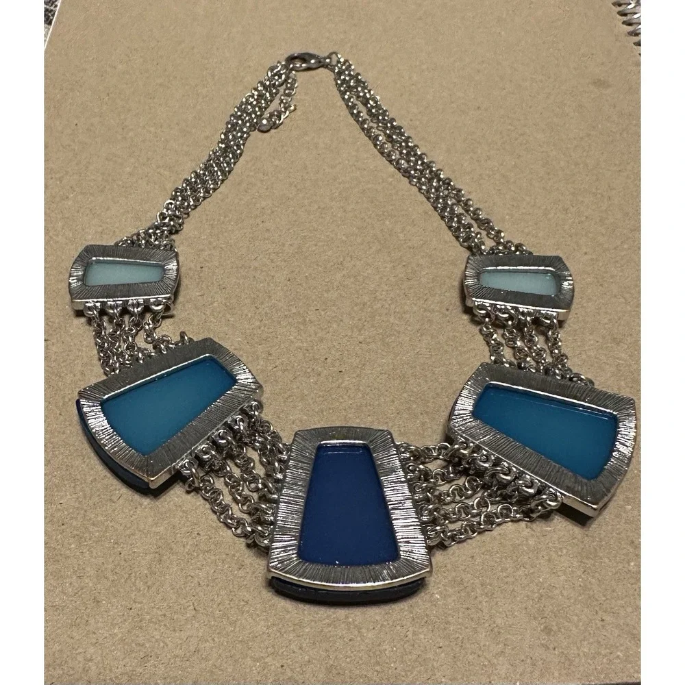 Silver Tone Multi-Chain Statement Necklace with Blue and Green Geometric Accents